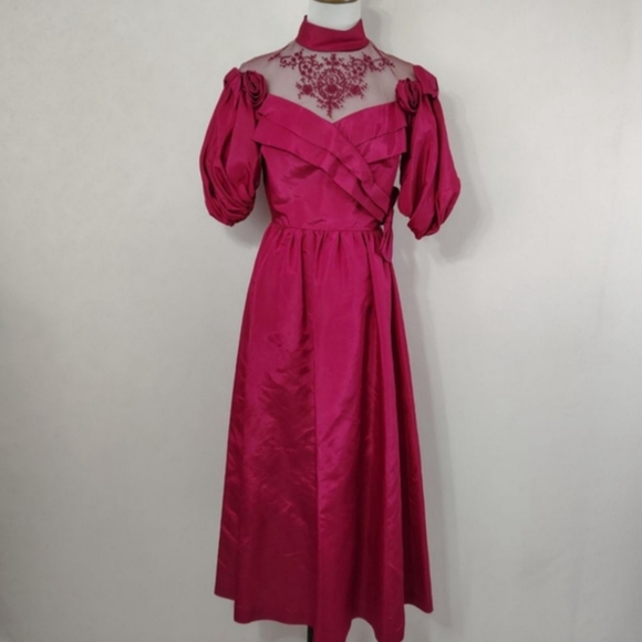 Unbranded Dresses & Skirts - Vintage 70s Women's Hot Pink Victorian Puff Sleeve Prom Dress Downtown Abbey
